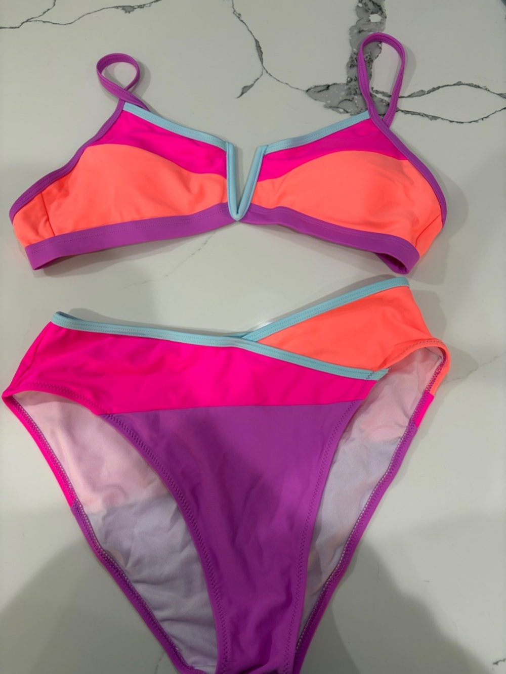 Colorblock V-Notch Two-Piece Bikini — Hot Pink & Coral